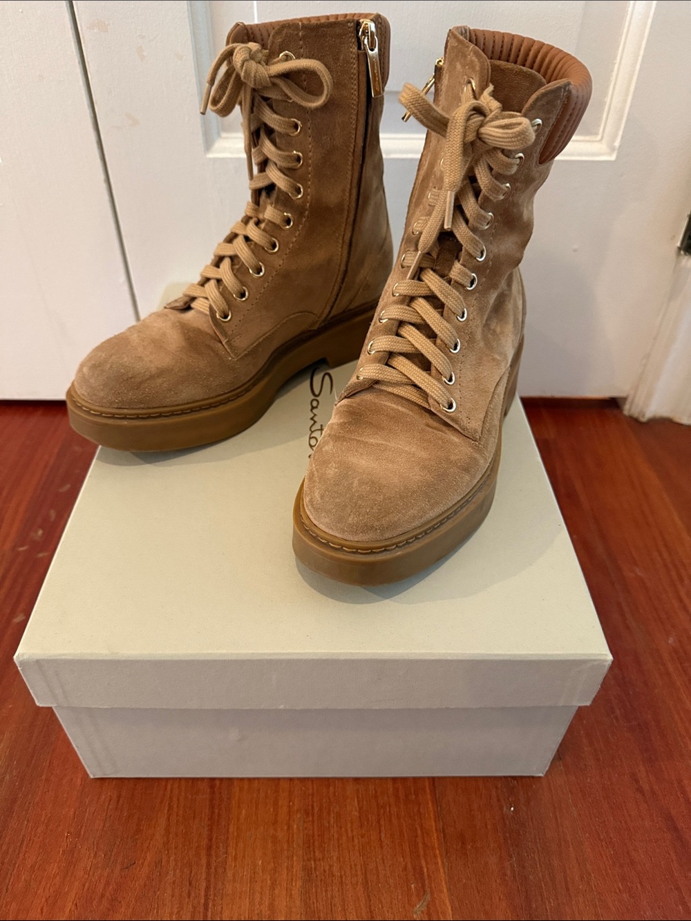 Santoni Tan Suede Lace-Up Platform Ankle Boots